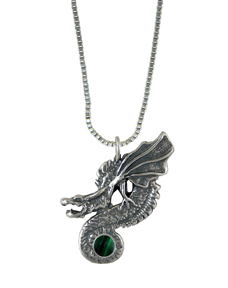Sterling Silver Wyvern Dragon Pendant With Malachite